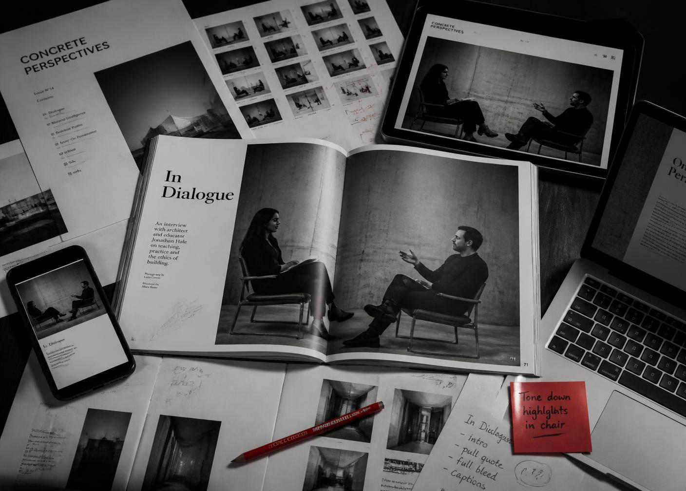 An editor's desk covered with magazine spreads, proofs, a tablet and a phone all showing the same interview