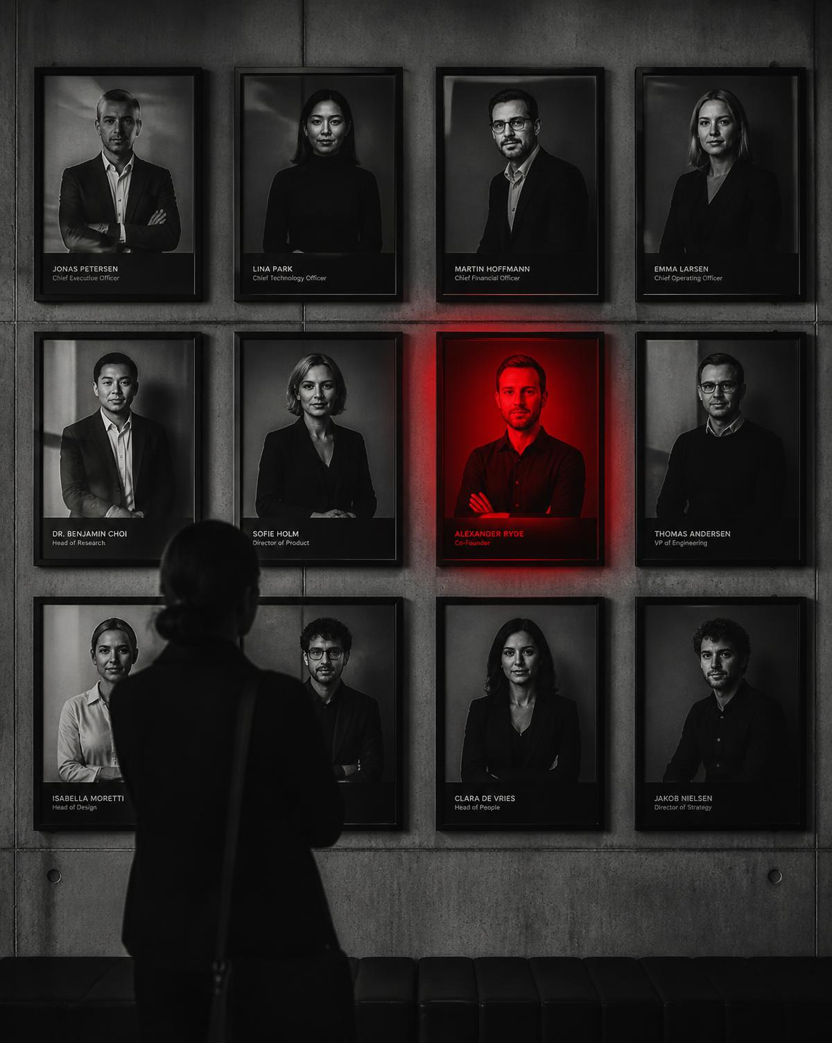 A wall of framed portraits of women and men, one lit in ember red