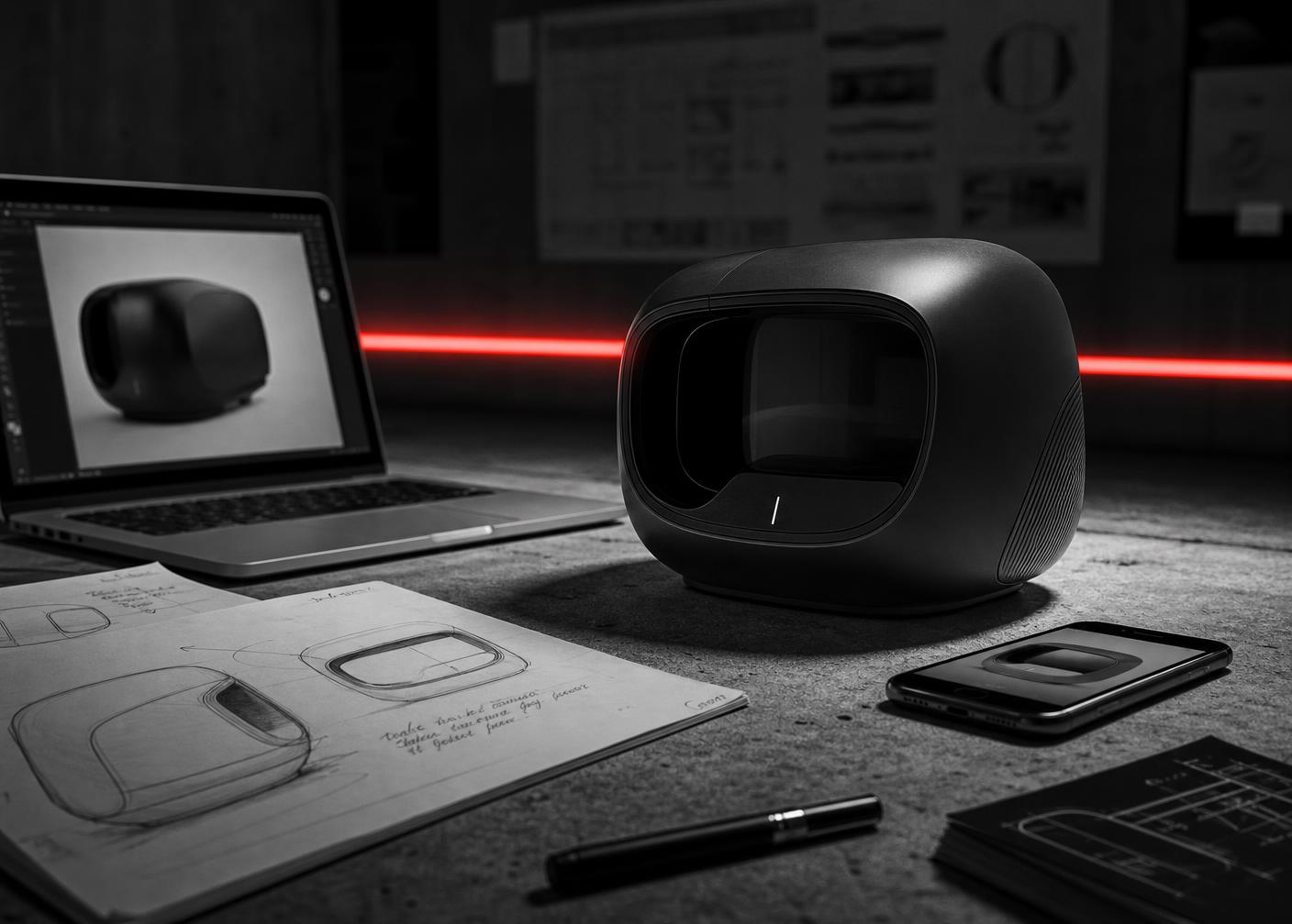 A product prototype on a concrete desk with technical sketches and a laptop